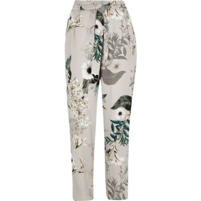 Grey floral tie waist tapered trousers